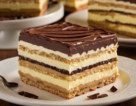 chocolate eclair cake with graham cracker layers and vanilla pudding filling on a plate