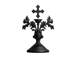 Fototapeta premium A detailed black ornate candlestick with a cross motif at the top, exuding elegance and sophistication.