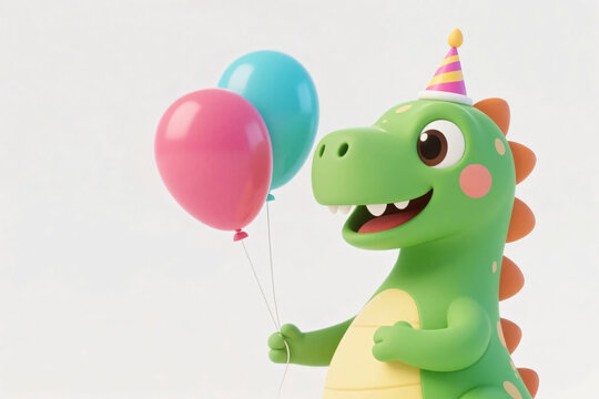 Cartoon 3D green dino holding balloon