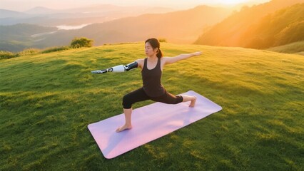 Woman in Warrior Pose on Mountain Meadow