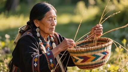 Native American Woman Weaving Basket