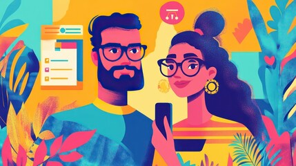 Two people in colorful stylized foliage looking at a smartphone
