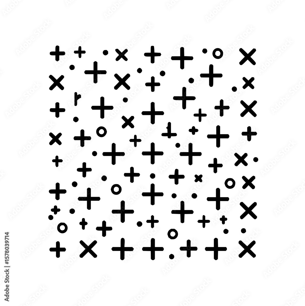 Poster scattered black plus signs x marks and circles on a white background creating a pattern design eleme