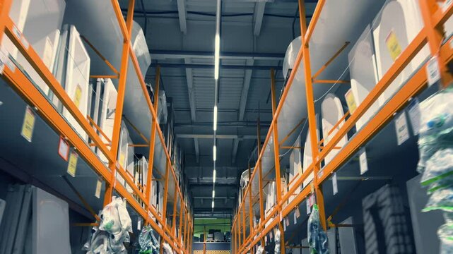 Warehouse shelves plumbing supplies storage industrial facility orange racks inventory management