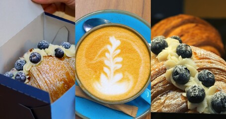 Multiscreen of cappuccino with latte art and sweet croissant with blueberries, perfect cozy moment...