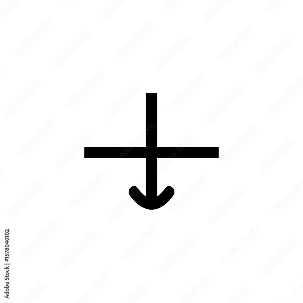 Poster black arrow pointing down with a horizontal line intersecting the vertical line in the center symbol