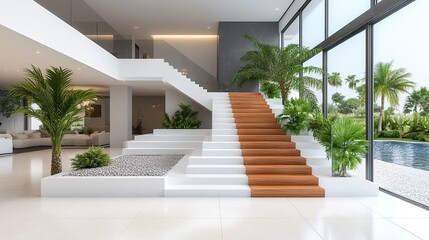 Modern, spacious foyer with a unique, multi-level staircase, lush greenery, and stunning views of an outdoor pool area