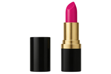 Pink lipstick lying next to open gold-trimmed tube, showcasing luxury cosmetic styling on clean transparent surface