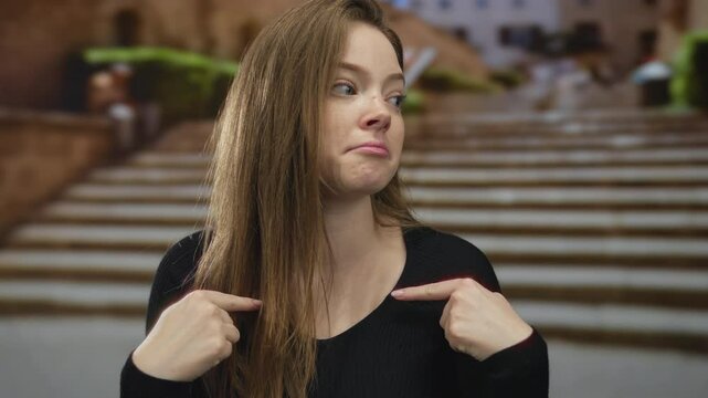 Young caucasian woman pointing fingers to chest in black sweater on street steps with unsure gaze; self doubt.