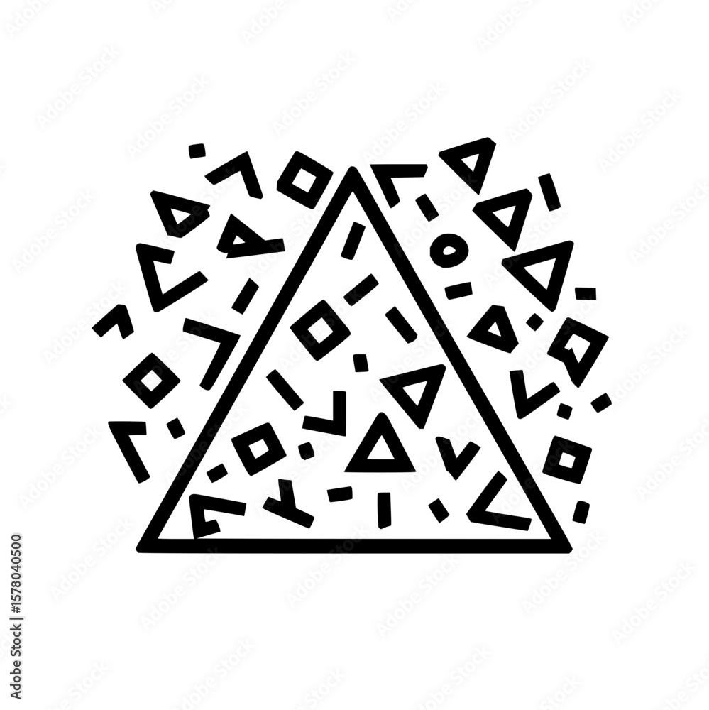 Poster a bold outline of a triangle filled with assorted geometric shapes scattered around it in a pattern