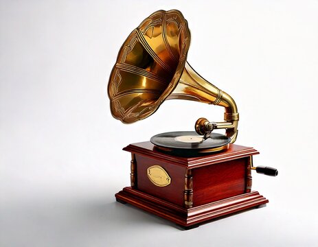 Antique brass and wooden gramaphone on white background,copy space 