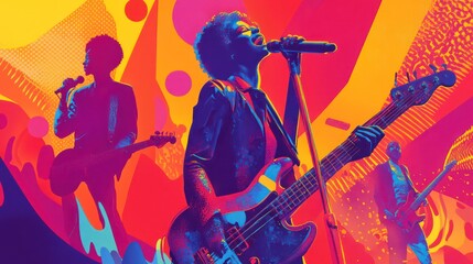 Vibrant digital painting of musicians performing on stage with abstract colorful background