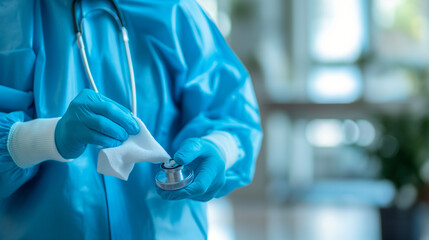 Healthcare worker cleaning stethoscope with disinfectant wipe, showcasing hygiene practices in medical environment 