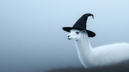 A whimsical alpaca wearing a witch hat in a misty setting.