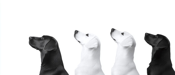 Four stylized dog profiles in black and white colors.