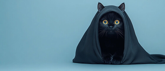 Black cat in a denim hood against a blue background.