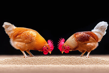 Chickens pecking at grain on a dark background.