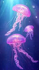 Three vibrant jellyfish swimming in blue underwater environment.