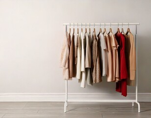 ashion clothes on a stand in a light background indoors. place for text 