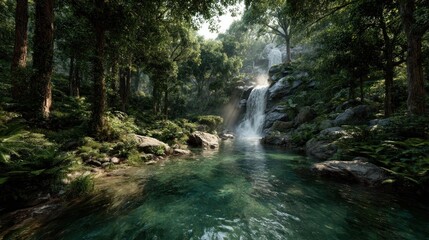 Obraz premium Serene Waterfall in Lush Green Forest Paradise
