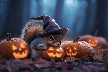 A cute squirrel in a witch hat surrounded by glowing pumpkins.