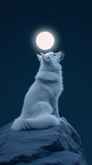 Howling wolf silhouetted against a full moon in a dark sky.