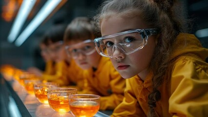 Children in lab coats observe glowing samples - Powered by Adobe