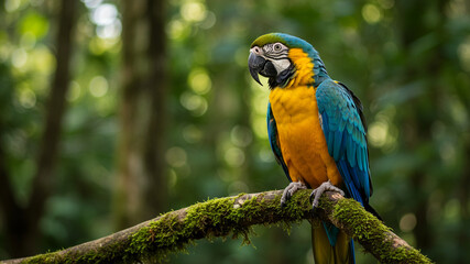 Vibrant Macaw Perched on MossCovered Branch in Lush Rainforest.