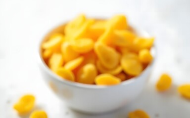 An out of focus bowl is filled with bright yellow corn flakes cereal, some scattered around the base, all on a white surface creating a clean blurred aesthetic.