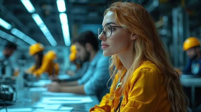 A young woman with red hair and glasses sits peacefully amidst a busy industrial workplace, her eyes closed in a moment of calm