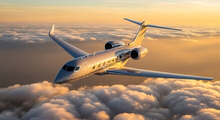 Obraz premium Sleek plane soars over clouds at sunset