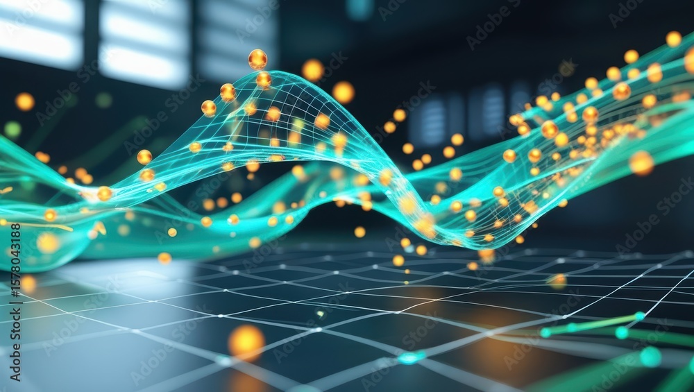 Poster abstract digital wave diagram representing data flow connectivity and technological innovation in a 