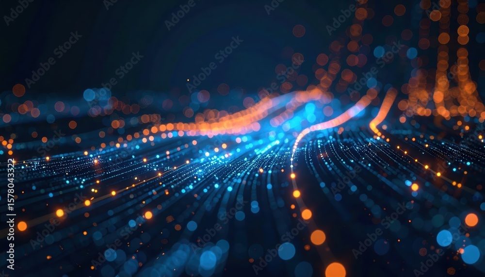 Poster abstract futuristic digital network with glowing lights and flowing data streams representing techno