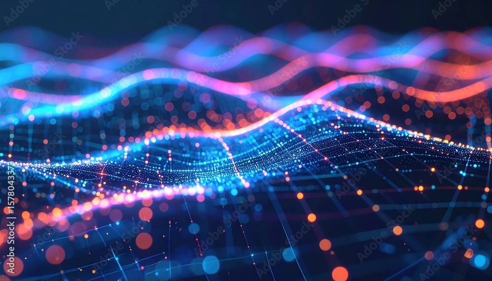 Poster abstract digital wave pattern with glowing lines and particles representing data flow, connectivity,