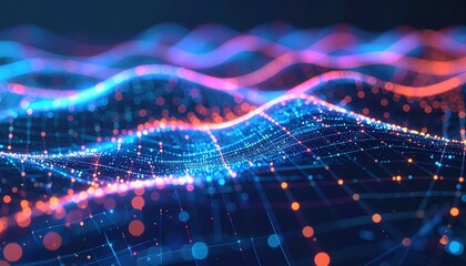 Abstract digital wave pattern with glowing lines and particles representing data flow, connectivity, and high technology innovation in vibrant neon colors