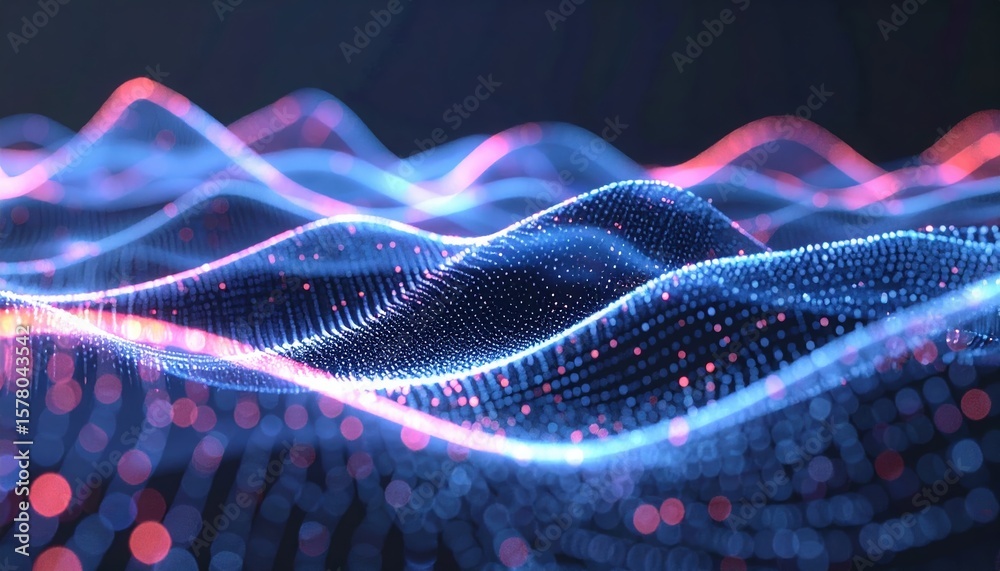 Poster abstract futuristic digital wave pattern with glowing particles and vibrant light trails representin