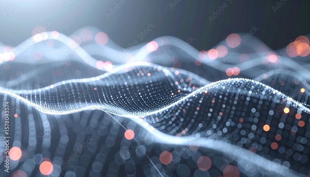 Poster abstract digital wave patterns with glowing dots and lines representing technology and data flow in 