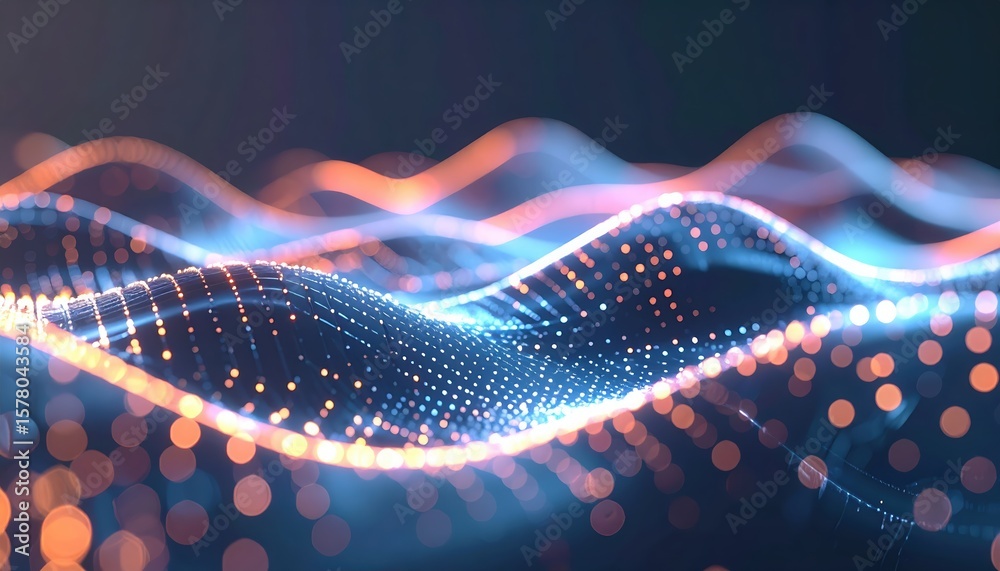 Poster abstract digital wave lines with glowing particles and colorful gradients representing data flow, te
