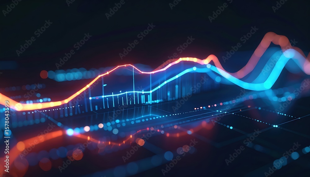 Poster high tech financial data analytics visual with dynamic chart lines and digital graphs for market tre