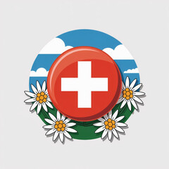 Obraz premium Sticker of Flag of Swiss. Bright button with flag of Swiss. Vector illustration Swiss National Day background. Bright illustration with flag. Vector with white background. 
