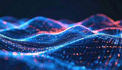 Vibrant abstract digital wave pattern with glowing dots and flowing lines in deep blue and red tones, representing technology innovation and data visualization