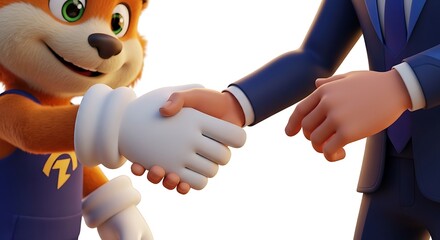 Animated Character Handshake Cartoon Mascot and Businessman Collaboration on White Background, showcasing a deal.