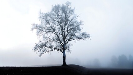 A solitary tree stands silhouetted against a backdrop of dense fog and soft light