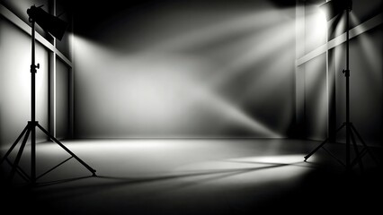 A monochrome image depicting a studio setup with lights casting shadows on the walls