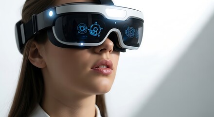 Augmented Reality Interface Woman Navigating Futuristic Tech with Smart Glasses and Interactive Display for Innovative Solutions