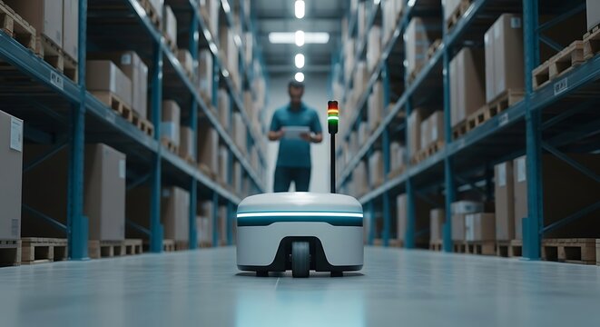 Automated warehouse efficiency Man using technology with autonomous vehicle for enhanced inventory management and distribution.