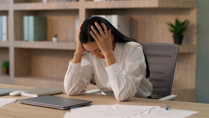 Depressed despair sad overwhelmed Asian business woman Japanese Chinese girl ethnic female bored...