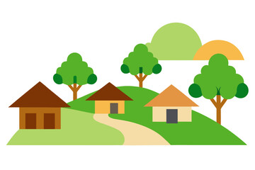 Naklejka premium Peaceful Rural Village With Huts And Trees