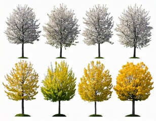 Set of Prunus persica and Prunus avium blossoming frontal street trees 