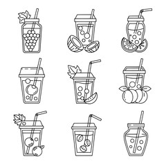 Set of nine drink jars with fruits and straws for beverage presentation